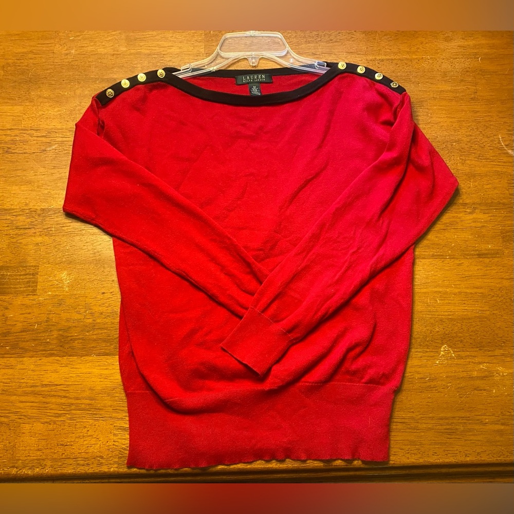 Lauren Ralph Lauren Red Scoop-Neck Sweater with Black Trim and Gold Buttons